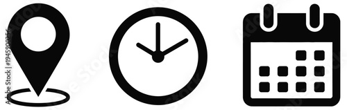 Date Time Location Notification Icons, Address Marker Clock Calendar and Bell Symbols, Date Time Address Notification Icon Set, Vector Illustrations for User Interface