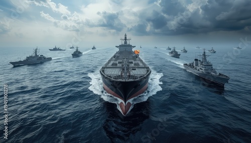 Oil Tanker Escorted by Military Warships in Persian Gulf, Geopolitical Tension and Maritime Security Concept, Dramatic Sunset Naval Illustration.