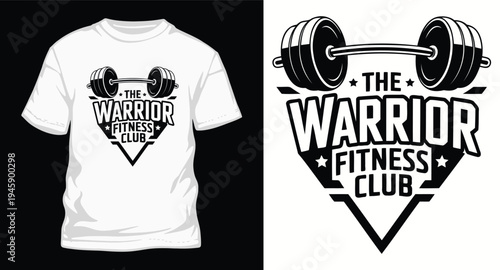Warrior fitness gym t-shirt design with heavy barbell and triangle shield badge