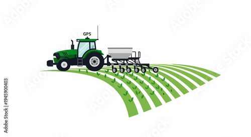 Green tractor pulling farm equipment.