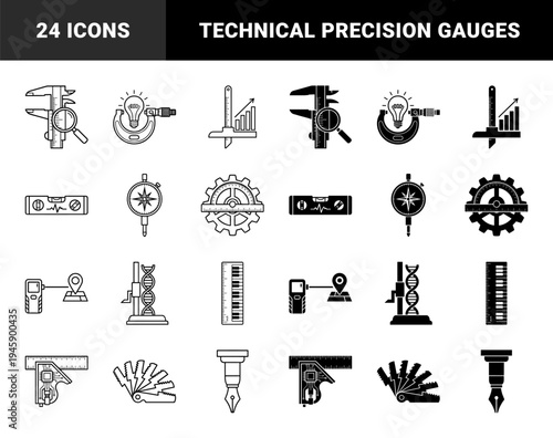 Measurement and precision engineering icon set featuring hybrid symbols of calipers micrometers scales and laboratory gauges in outline and solid styles