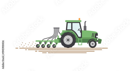 Green tractor with seeding equipment.
