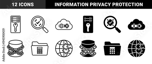 Data Privacy and Information Security Hybrid Icons Featuring Server Keys Cloud Locks Chained Databases Folder Passwords and Global Puzzle Scales