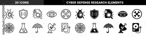 Monochrome cybersecurity hybrid icons featuring shield with code brackets spider web with circuit nodes and biohazard satellite dish symbols