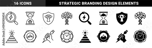 Hybrid Conceptual Icons Featuring Ouroboros Power Symbols DNA Trees Hourglass Crystals and Shield Keyhole Security in Line and Solid Styles