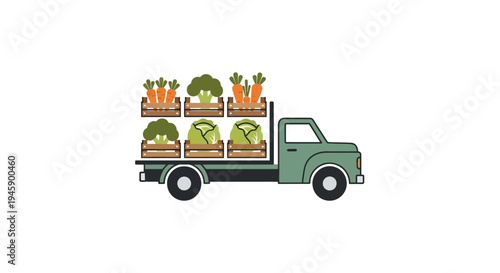 Green truck carrying fresh vegetable crates.