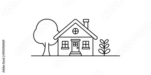 A simple line art illustration of a small, charming house with a tree and a plant in the yard. Vector, illustration