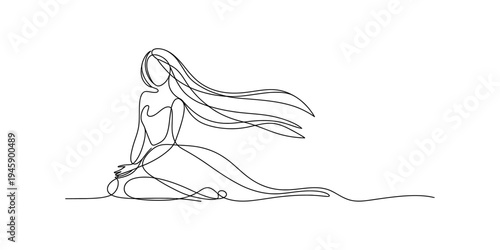 A minimalist continuous line art drawing depicting a sitting female figure with long, flowing hair Vector, illustration