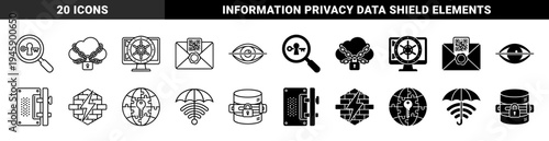 Hybrid cybersecurity icons featuring cloud chains vault monitor qr code envelope eye surveillance firewall lightning globe puzzle and locked database storage