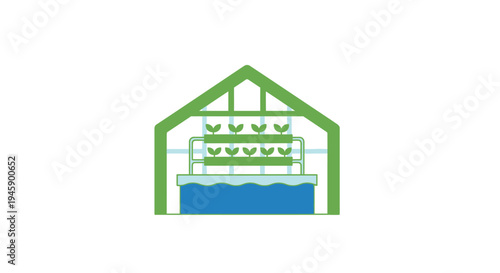 Greenhouse with plants and blue water.