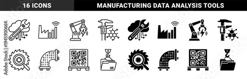 Industrial Smart Manufacturing Hybrid Icons Featuring Cloud Maintenance Wrench Robotic Arm Energy Saw Blade Microchip And Data Pipeline Symbols