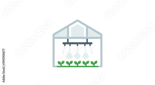 Greenhouse with plants and irrigation system.