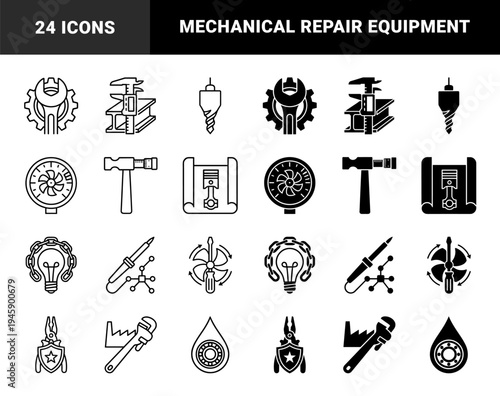 Mechanical Engineering and Industrial Repair Hybrid Icons Combining Tools with Hardware Components in Outline and Solid Dual Style