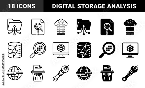 Data Management and Cloud Computing Hybrid Icons Featuring Circuit Folders Magnifying Binary Code Server Racks and Globe Data Transfer