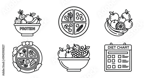 A set of six vector illustrations depicting various healthy food and diet related graphic designs