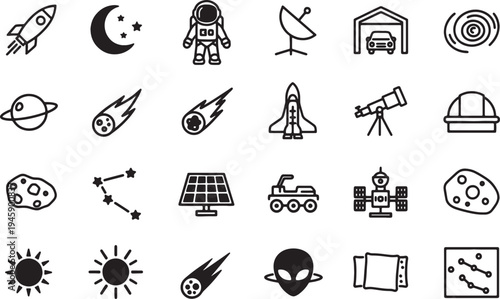 space icons with various celestial objects and technology