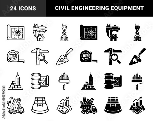 Construction and Civil Engineering Hybrid Icons Combining Surveying Tools Architecture Blueprints Building Equipment and Infrastructure Development Symbols