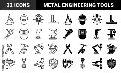Industrial fabrication and precision engineering hybrid icons featuring welding masks with atomic symbols and robotic arms merged with drill bits