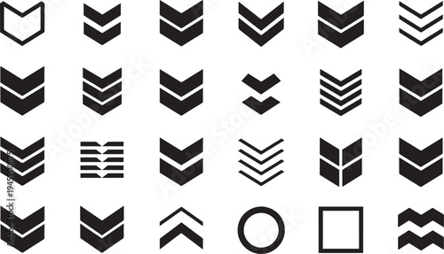 Twenty-four black chevron and geometric icons arranged on white