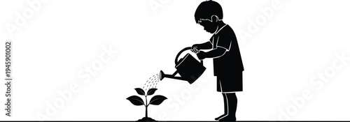 A young boy carefully waters a small plant with a watering can