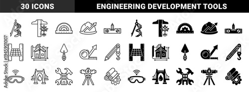 Architectural and Engineering Hybrid Icons Merging Drafting Tools with Sustainable Growth and Industrial Construction Concepts in Outline and Solid Styles