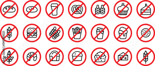 No eating signs icons forbidden food symbols  various prohibited foodstuffs