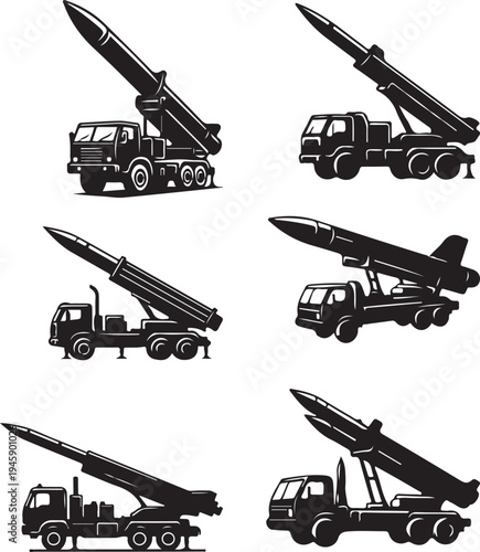 Collection of military missile launchers on transport trucks in various configurations