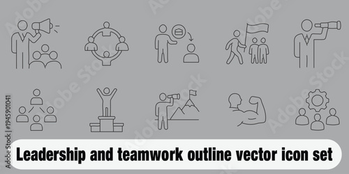 Leadership and teamwork outline vector icon set