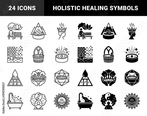 Wellness and Spiritual Healing Hybrid Symbols Featuring Lotus Meditation Sauna Therapy Sacred Geometry and Energetic Spa Treatment Elements