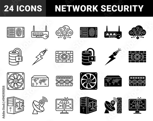 Hybrid network security icons featuring server biometric fingerprint authentication router encryption keys and cloud database protection symbols