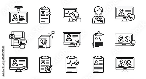 Set of vector icons depicting telemedicine and healthcare communication concepts