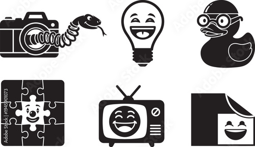 Creative humor and tech icons featuring spring snake camera laughing lightbulb rubber ducky with glasses puzzle clown television and sticker effect