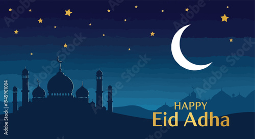 Night sky with stars and mosque silhouettes Eid Adha card isolated white background

