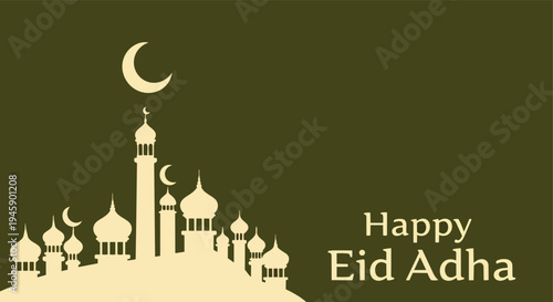 Green night mosque skyline Eid Adha greeting isolated white background

