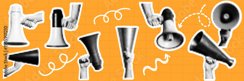 Halftone pop art dot hand holding megaphone announcement speaker communication protest voice symbol vector illustration