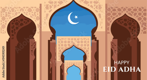 Ornate mosque gate with crescent night sky isolated white background

