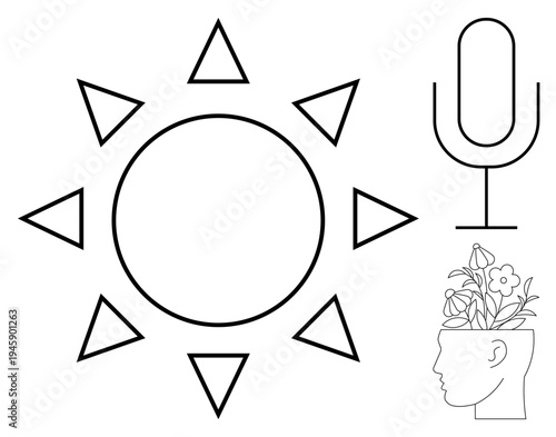 Sun with triangular rays, microphone symbolizing communication, and head sprouting flowers representing creativity. Ideal for art, wellness, innovation, positivity, self-expression, mindfulness