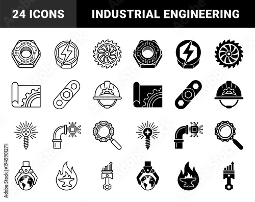 Industrial Engineering and Smart Manufacturing Hybrid Icons Featuring Circuitry Fasteners Mechanical Blueprints and Global Logistics Symbols in Dual Style