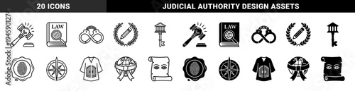 Black and white legal justice icons featuring hybrid concepts such as a gavel lightbulb and courthouse key for law and ethics inspiration