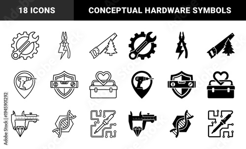 Hybrid Industrial and Craft Symbols Combining Tools with Abstract Concepts Including Pliers with Lightning Bolt Saw with Tree and DNA with Hexagon