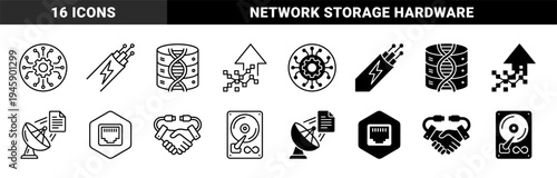 Hybrid data and network connection symbols featuring DNA server storage satellite transmission and handshake hardware integration in outline and solid styles