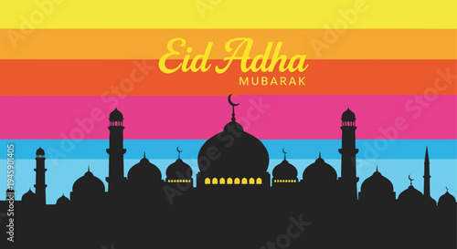 Sunset mosque skyline Eid Adha Mubarak card isolated white background

