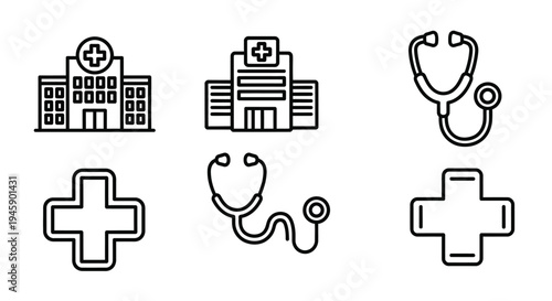 Medical icons including hospitals and stethoscopes for healthcare design