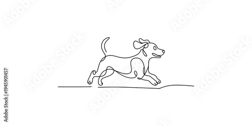 Continuous line art illustration of a small dog running happily across a white background Vector, illustration
