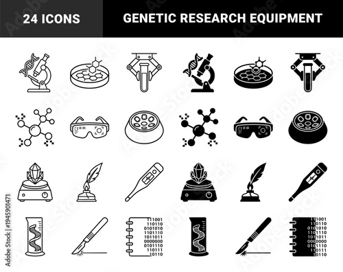 Hybrid Biotechnology and Synthetic Biology Icon Set Featuring DNA Infused Laboratory Equipment and Digital Molecular Research Symbols