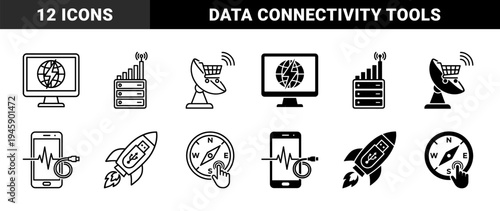 Hybrid technology icons merging digital and physical concepts including satellite shopping cart rocket usb drive and server antenna signal strength