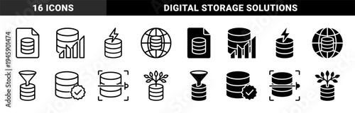 Hybrid Database Storage Icon Set Featuring Data Management Symbols Merged with Growth Plants Global Network and Analytical Processing Elements
