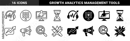 Hybrid business performance and customer support icons featuring growth arrows merged with headsets magnifying glasses and communication symbols