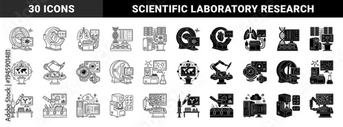 Biotechnology and Medical Diagnostic Icon Set featuring Hybrid Designs of Scanning Equipment DNA Sequences Robotics and Laboratory Analysis Apparatus