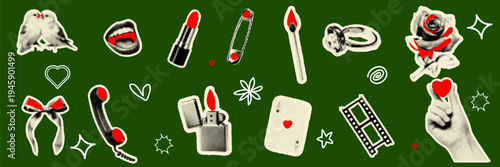 Halftone pop art dot lace lips lipstick safety pin matchstick ring rose bow gift ribbon telephone lighter card film strip hand heart vector illustration